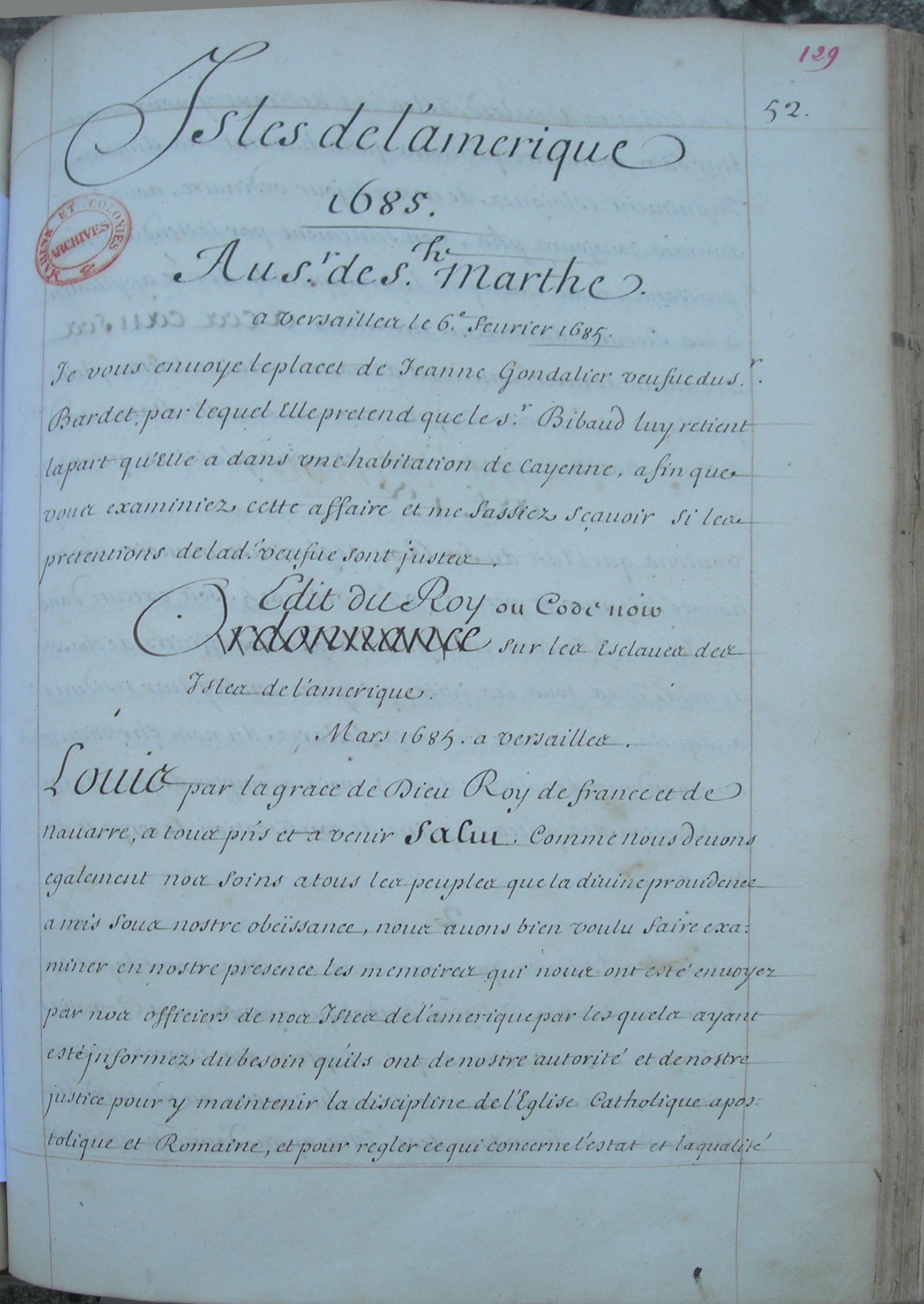 Une page manuscrite de l’édit de mars 1685, intitulé Code noir